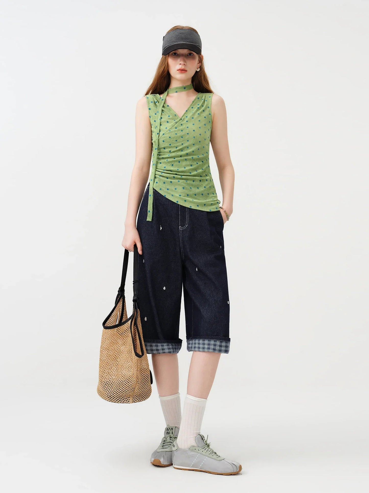 Women's 2026 Summer New Polka Dot V-Neck Waist Tie Camisole Top | Elegant Sleeveless Blouse for Beach Vacation Outfits Tops