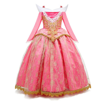 Exquisite Princess Ball Gown Sleeping Beauty Fairy Tale Costume Play Lace Gold Rim Deluxe Christmas Aurora Party Dress 2 4 6 8Yr