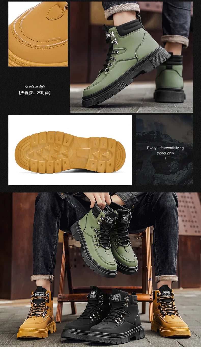 New Men's Leather Boots Brand Retro Comfortable Boots for Men 2026 Fashion High Top Non Slip Casual Shoes Business Work Shoes