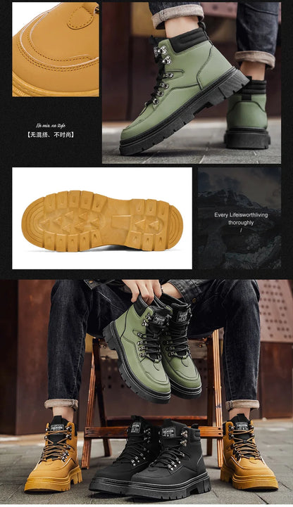 New Men's Leather Boots Brand Retro Comfortable Boots for Men 2026 Fashion High Top Non Slip Casual Shoes Business Work Shoes