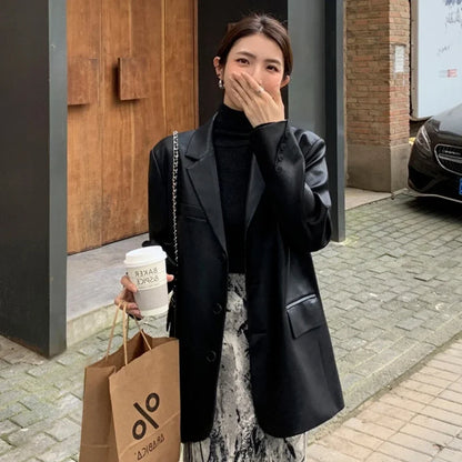 Blazer Woman PU Leather Black Outerwears Long Over Loose Jacket Coats for Women Solid Clothes Dress Korean Style Fashion 2025