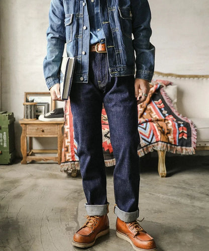 Raw Denim Jeans 16oz Heavy Weight Indigo Selvage One Washed Sanforized Zipper Pants
