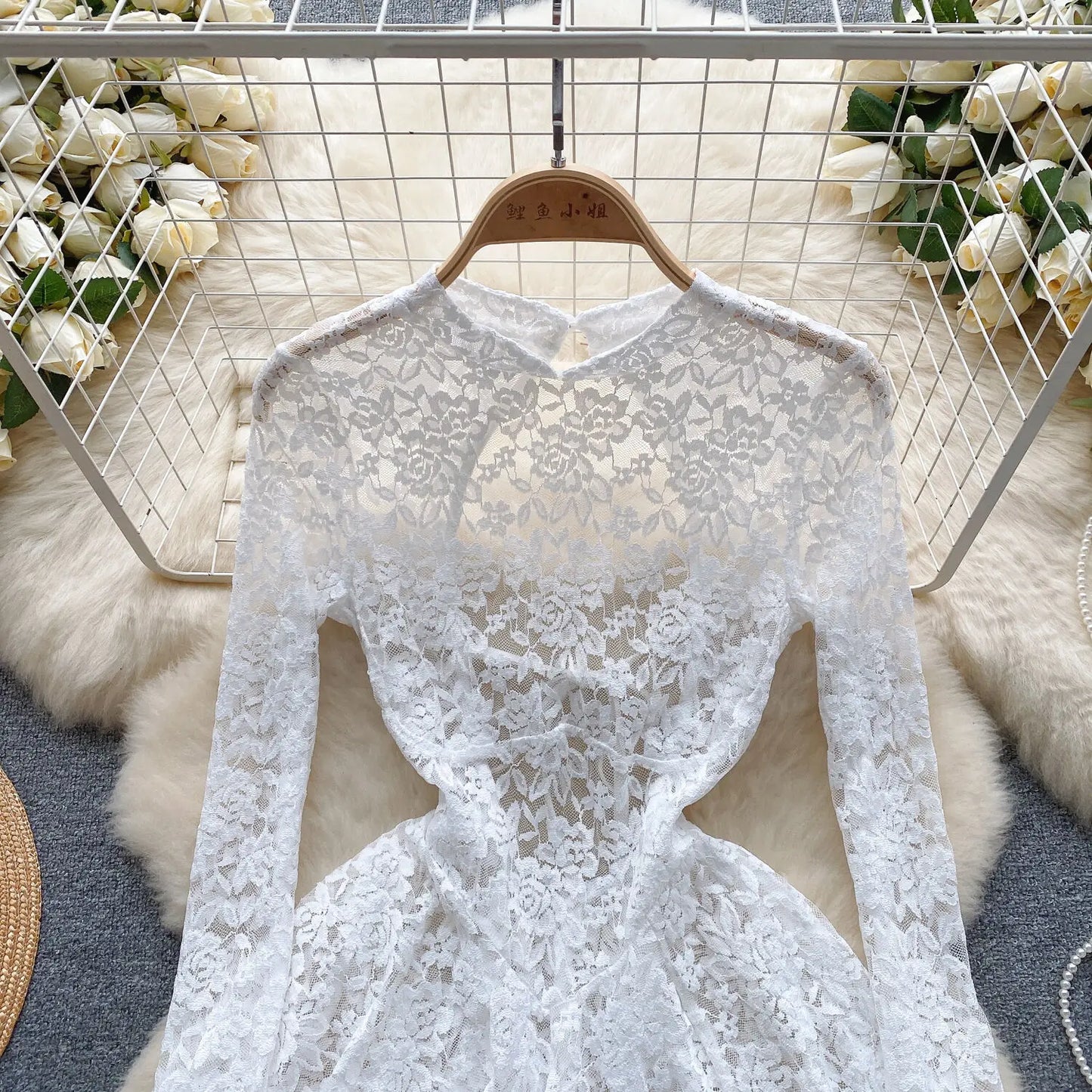 Women's Autumn Mesh Lace Hollow Out White Short Dress Women Micro Flare Sleeve See Through Translucent Sexy Girl's Mini Dress