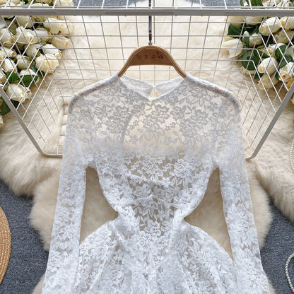 Women's Autumn Mesh Lace Hollow Out White Short Dress Women Micro Flare Sleeve See Through Translucent Sexy Girl's Mini Dress