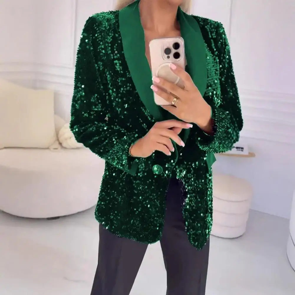 Sequin Suit Coat Solid Color Coat Elegant Glitter Sequin Women's Suit Coat with Lapel Long Sleeve Button Jacket for Autumn