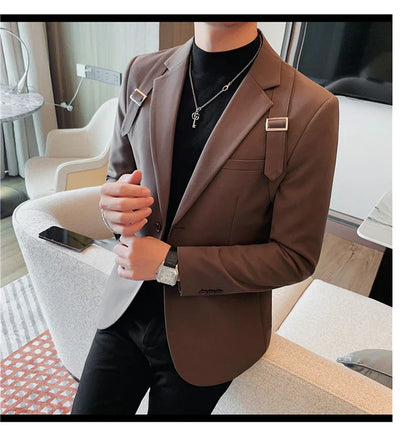 2024 Autumn Winter New Strap Decoration Suit Jacket for Men Fashion Slim Casual Business Blazers Groom Wedding Social Tailcoat