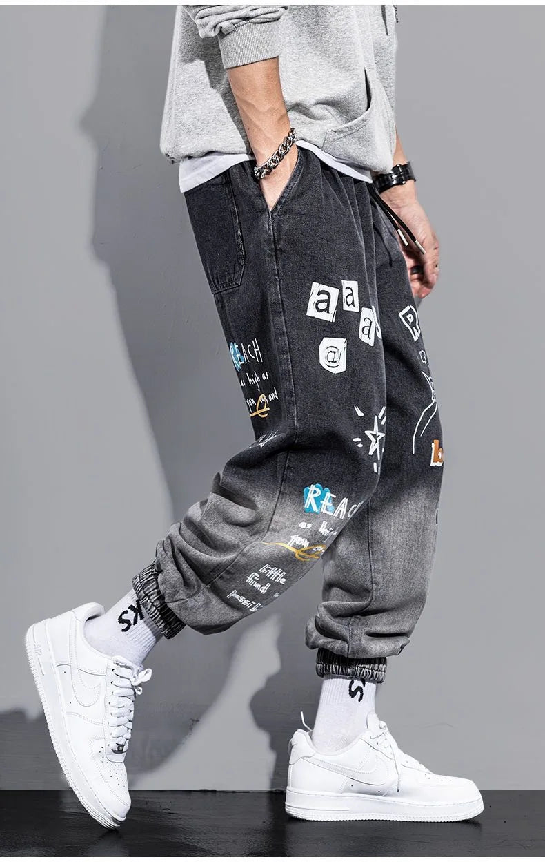 Printing Jeans Men's Gradient Hip Hop Trousers Harem Cartoon Loose Casual Ankle Banded Pants Cargo Denim Jeans Fashion