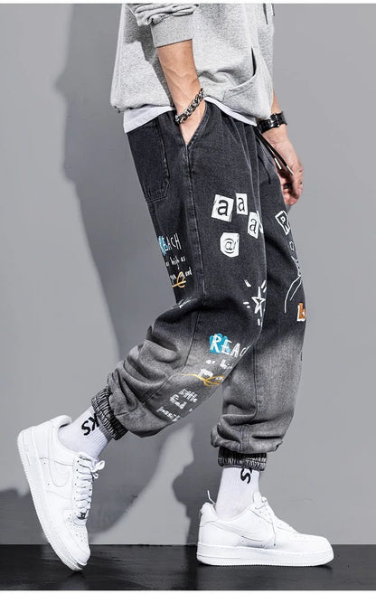 Printing Jeans Men's Gradient Hip Hop Trousers Harem Cartoon Loose Casual Ankle Banded Pants Cargo Denim Jeans Fashion