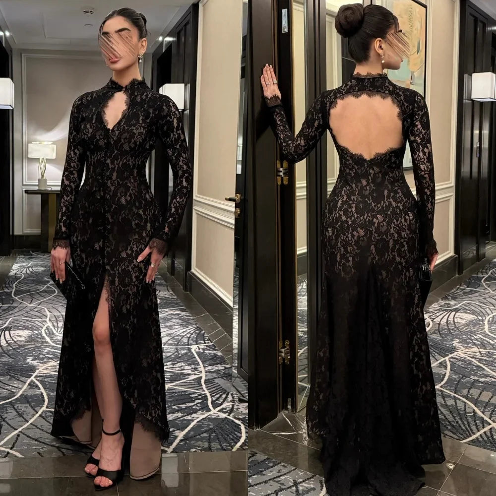 Customized Modern Style Classic Lace Ruched Pleat Column High Collar Long Dresses Bespoke Occasion Dresses Sizes Available Retro