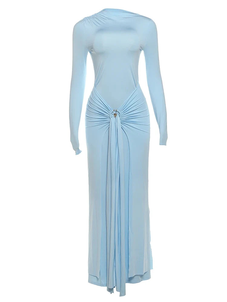 Ruched Elegant Maxi Dress Women Daily Casual Fashion Skinny Full Sleeve Solid Gown Midnight Prom Party Long Bodycon
