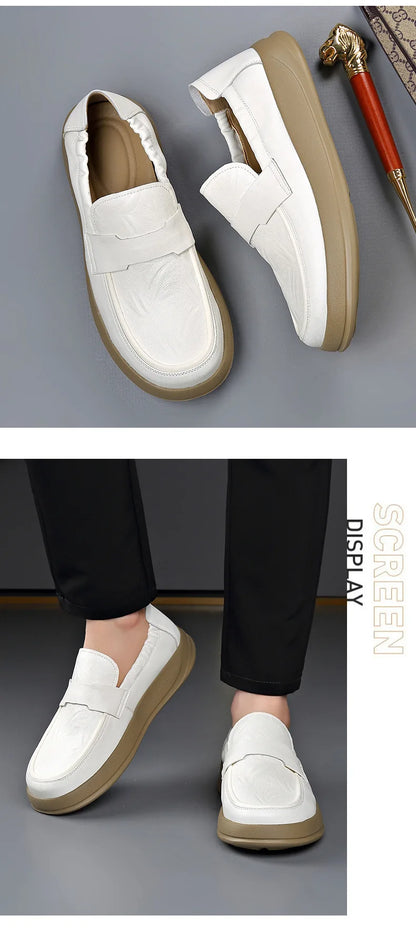 Spring Summer New Genuine Leather Shoes Men Solid Color Fashion Loafers Male Soft Sole Anti-slip Height-increasing Loafers Man
