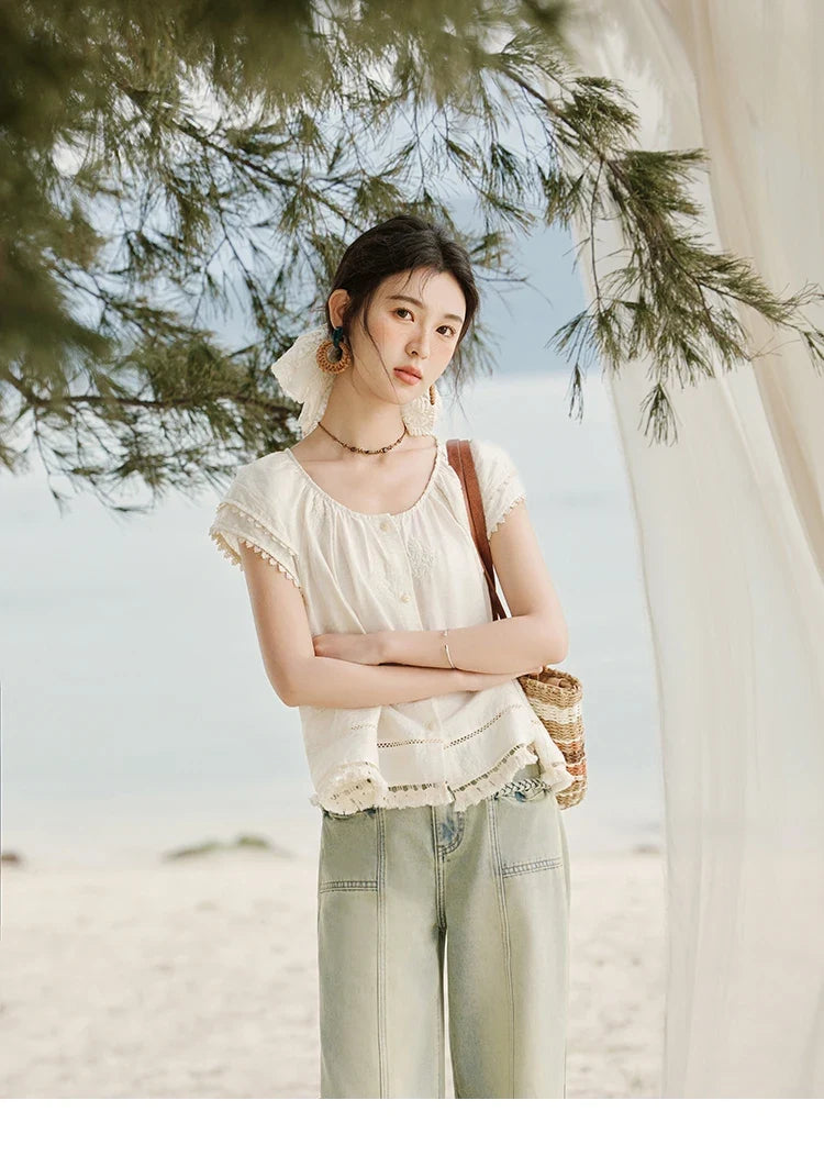 Embroidered French Shirt Women Summer 2025 Short Sleeve Round Neck Solid Blouses Female Fashion New Tops Lady MXE33X1744