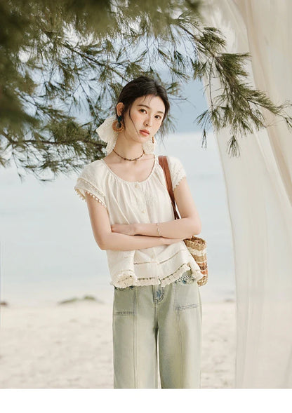 Embroidered French Shirt Women Summer 2025 Short Sleeve Round Neck Solid Blouses Female Fashion New Tops Lady MXE33X1744