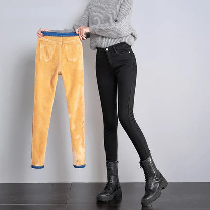 New Women Thick Velvet Jeans Fleece Warm Korean Fashion High Waist Skinny Elastic Pants Jean Casual Legging Winter 2023