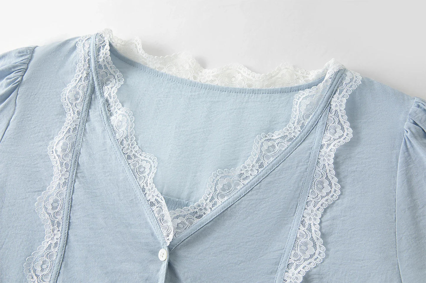2025 Summer Women's Artisan Lace V-Neck Blouse - Navy Blue Romantic Design & Lightweight Chiffon for Chic Occasions