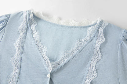 2025 Summer Women's Artisan Lace V-Neck Blouse - Navy Blue Romantic Design & Lightweight Chiffon for Chic Occasions