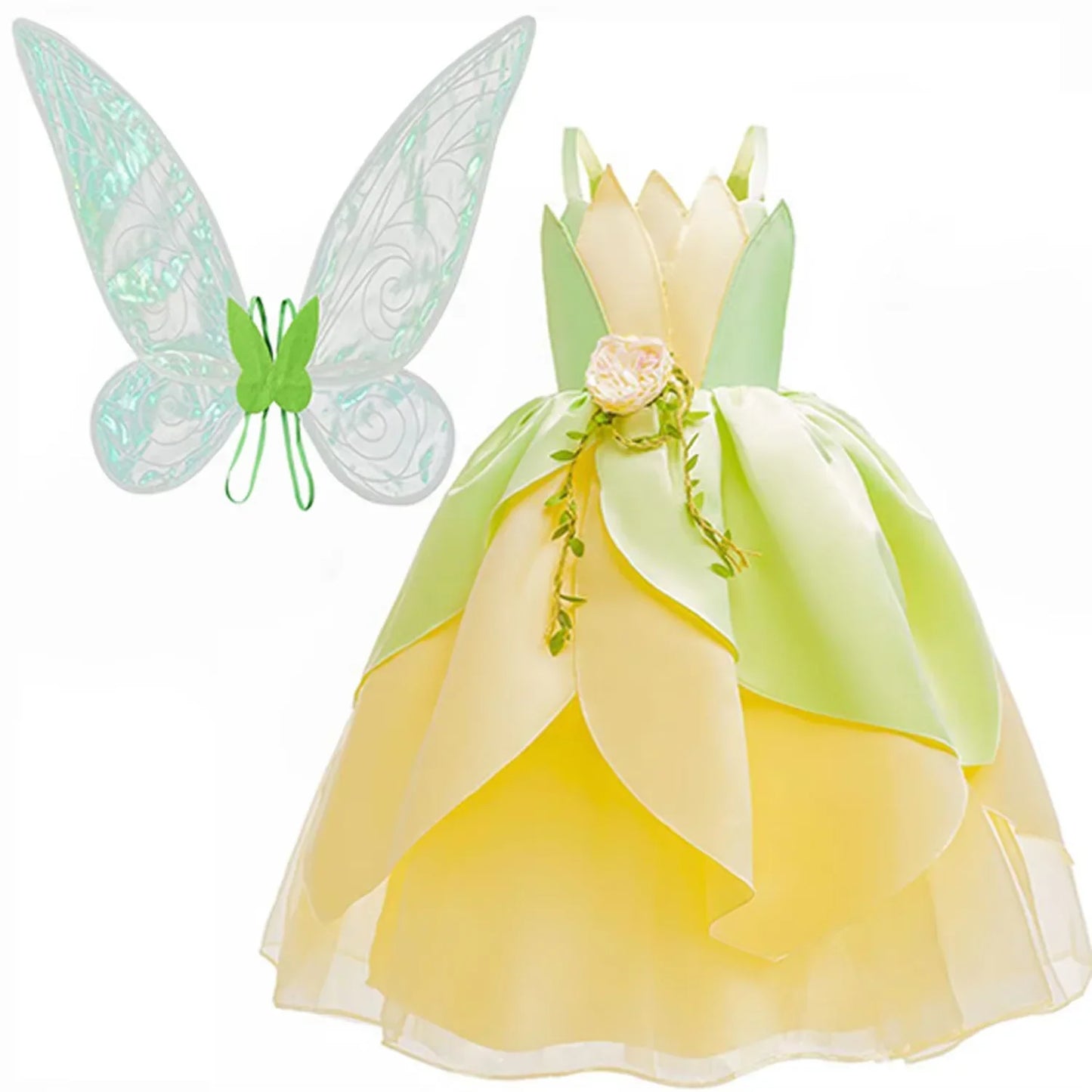 Girls Cosplay Tiana Yellow Short-Sleeved Fluffy Princess Dress For Girl Birthday Party Princess Dress With Accessories