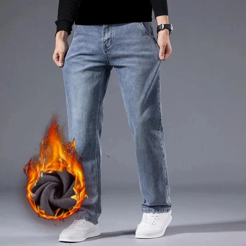 Winter Fleece Men Jeans Thick Stretch Business Casual Trousers Classic Loose Straight Warm Velvet Denim Pants Office Daily Wear
