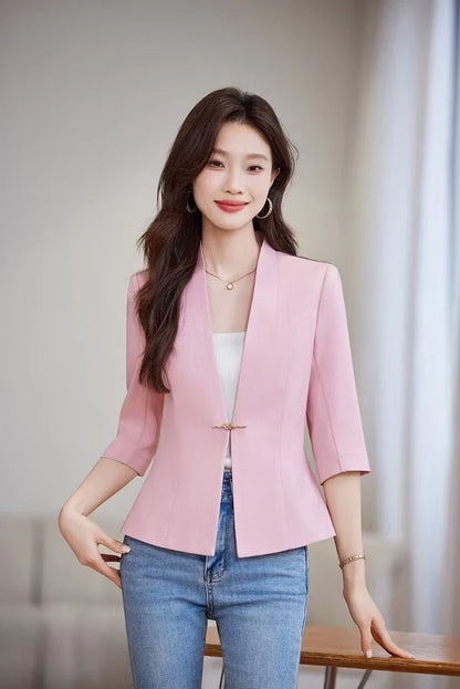 Women's Slim Fit Blazer Spring Summer Fashion Solid Color Single Button Jacket Office Lady Coat Top New Arrival 2025