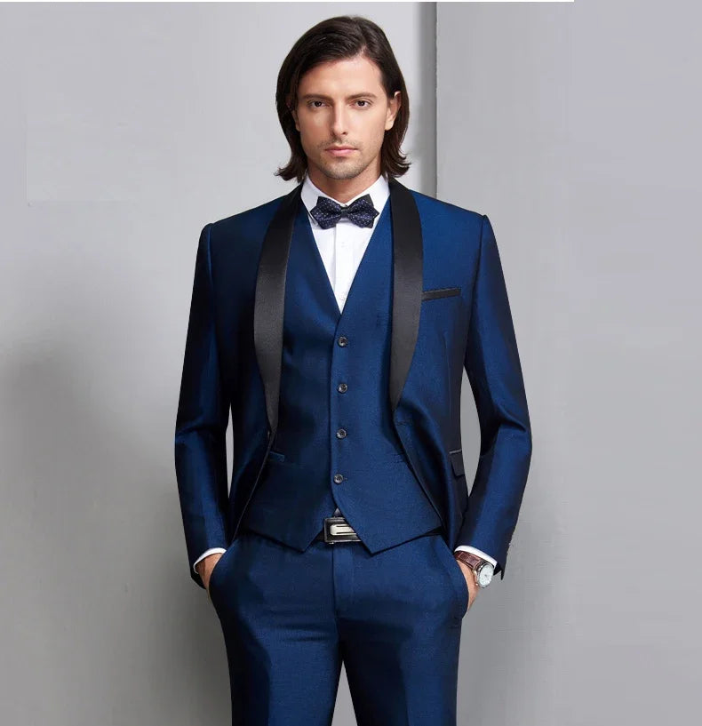 Royal Blue/Burgundy Man Suits Classic Black Lapel Wedding Suits 3 Pieces (Jacket+Pants+Vest)