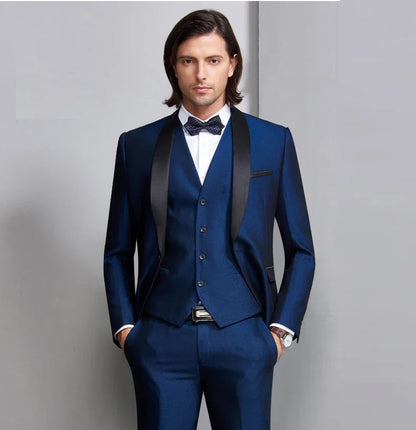 Royal Blue/Burgundy Man Suits Classic Black Lapel Wedding Suits 3 Pieces (Jacket+Pants+Vest)