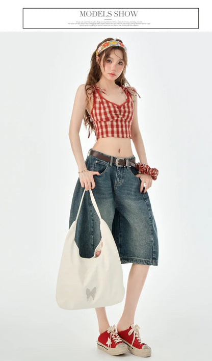 Loose Wide Leg Denim Knee Length Pants Women American Vintage Slimming Shorts