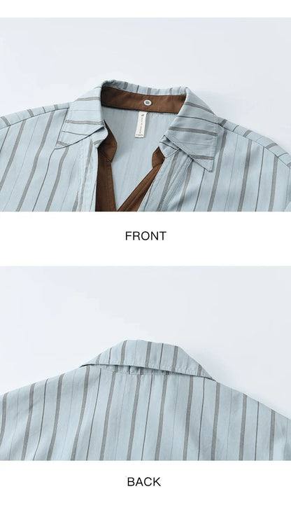 Peach Skin Velvet Stripe Shirt for Women Autumn 2025 Double Layered Collar Contrasting Color Shirt Commute Top MXE47C2408