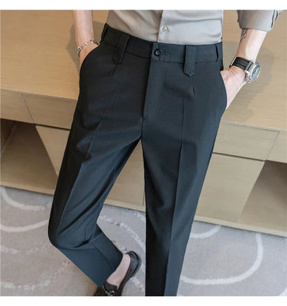 Elastic Waist Solid Color Suit Pants Men Formal Slim Fit Business Casual Trouser High Quality Social Wedding Fashion Dress Pant