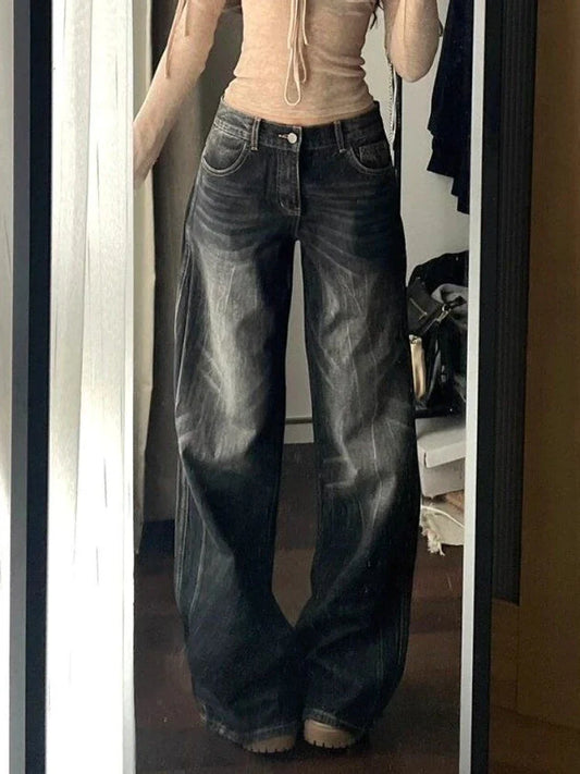 2025 Autumn Winter Women's Black Denim Pants Low Rise Y2K Baggy Jean Japanese Dark Academia Cowboy Harajuku Grunge Stacked Jeans