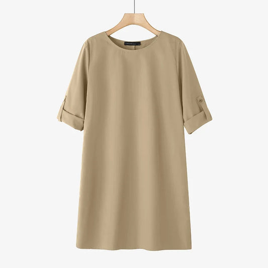 Elegant Women Party Dress 2026 Summer Fashion 3/4 Sleeve Casual Shirt Vestidos Pockets Loose Solid Knee-length Sundress