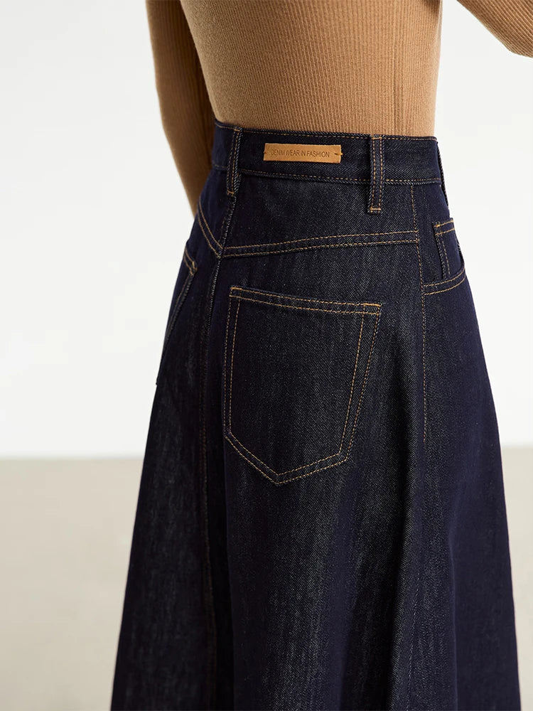 Minimalist Women Denim Skirt 2025 Autumn New French Retro Loose Basics Casual A-line Office Lady Cotton Midi Skirt 12343070