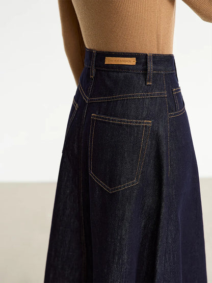Minimalist Women Denim Skirt 2025 Autumn New French Retro Loose Basics Casual A-line Office Lady Cotton Midi Skirt 12343070