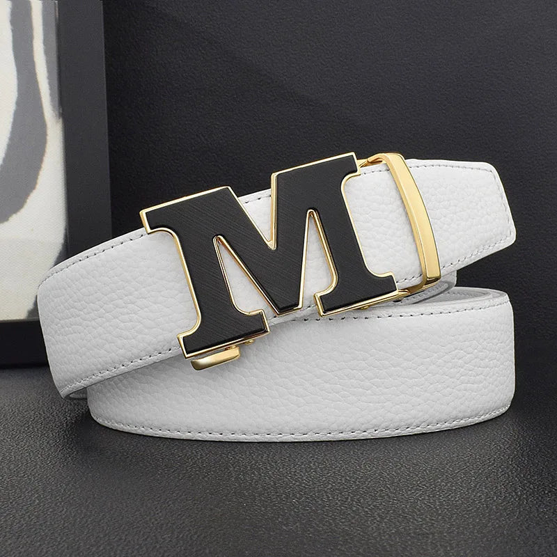 High Quality Designers Letter M White Leather Belt Men Luxury Famous Young Men Cowhide  Brand Jeans Relaxed Jeans Mode Man Belt
