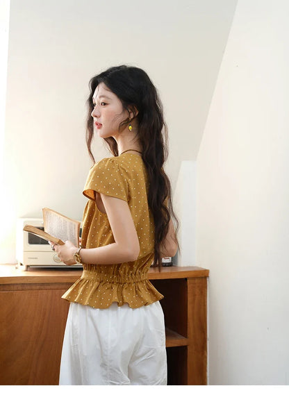 Women's V-neck Lace Splicing Blouse 2025 Summer New Ladies Fashion Polka Dot Hollow Ruffle Button Female Top MXE38X1847
