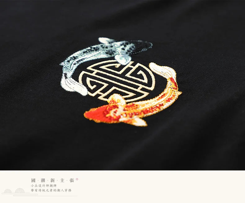 Mens Summer T Shirts Chinese Carp Embroidery T Shirt Men Vintage Graphic Tees Harajuku Cotton Casual Short Sleeve High Quality