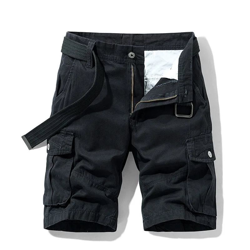 Summer Cargo Shorts Men's Pure Cotton Vintage Washed Multi Pocket Casual Straight Leg Trendy Knee Length Pants Streetwear