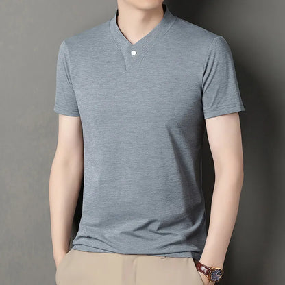 2026 Korean Style Men's Casual and Fashionable One Button V-neck Solid Color Short Sleeved T-shirt Summer Versatile Top