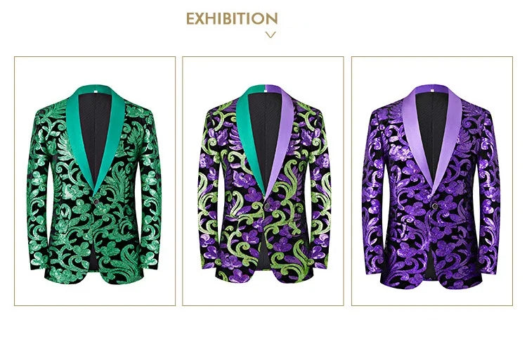 2024 New Flat Velvet Large Flower Sequin Jacquard Mens Blazer, Purple  Stage Performance Suit Dress, Host Fashion Show Jacket