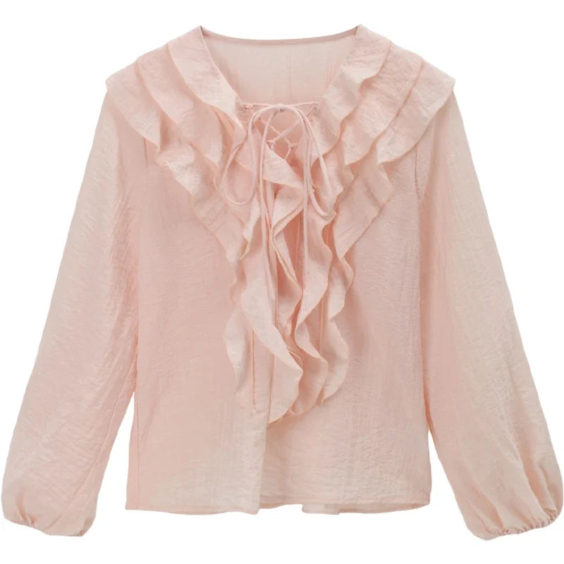 Pink Ruffled Blouse for Woman 2025 Autumn New Elegant Sweet V-neck Lace-up Design Shirt Lantern Sleeves Top MXE49X2504