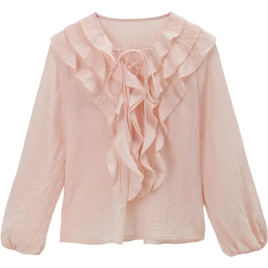 Pink Ruffled Blouse for Woman 2025 Autumn New Elegant Sweet V-neck Lace-up Design Shirt Lantern Sleeves Top MXE49X2504