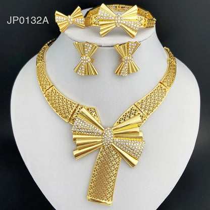 Italy 18k Gold Plated Women Jewelry Set Classic Design Bowknot Necklace Earring Bracelet And Ring 4PCS Set Jewelry Wedding Party