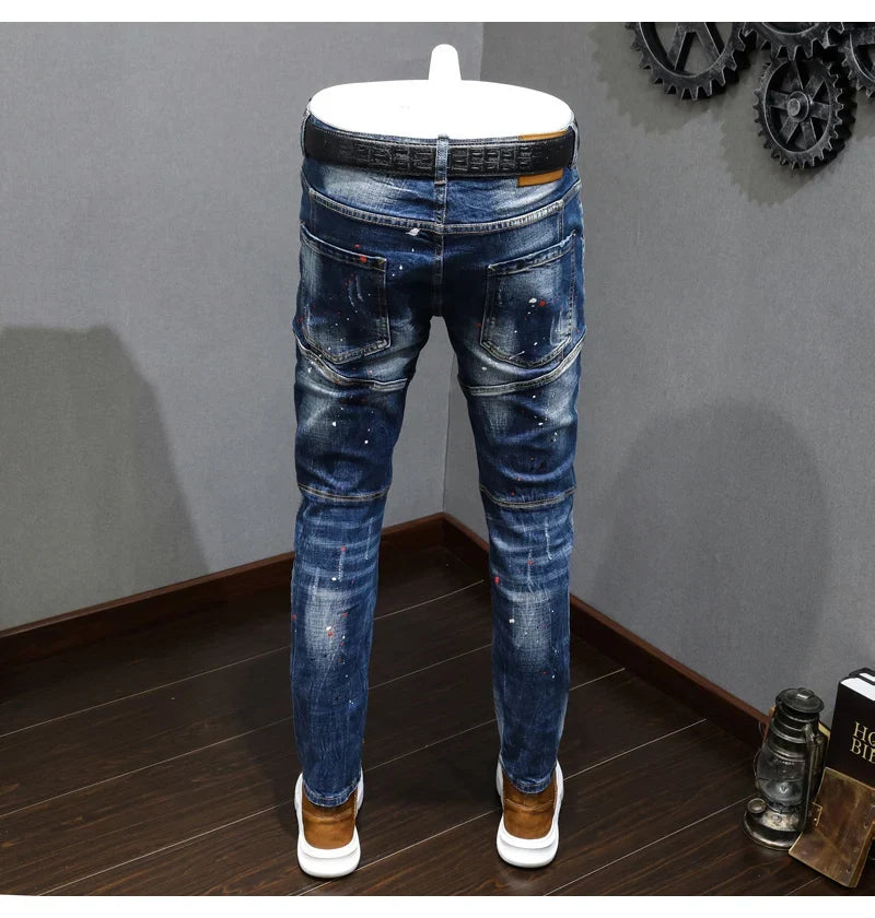 Fashion Designer Men Jeans Retro Blue Stretch Slim Fit Painted Ripped Jeans Men Korean Style Vintage Casual Denim Pants Hombre