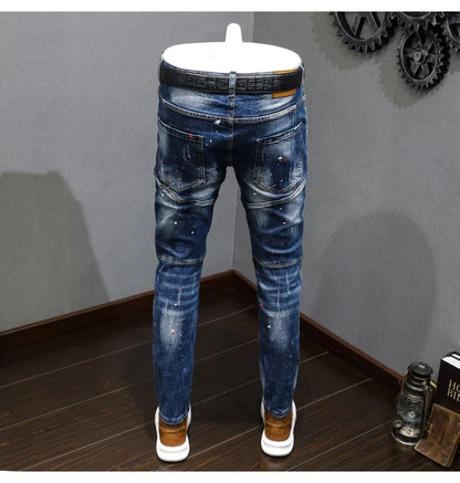 Fashion Designer Men Jeans Retro Blue Stretch Slim Fit Painted Ripped Jeans Men Korean Style Vintage Casual Denim Pants Hombre