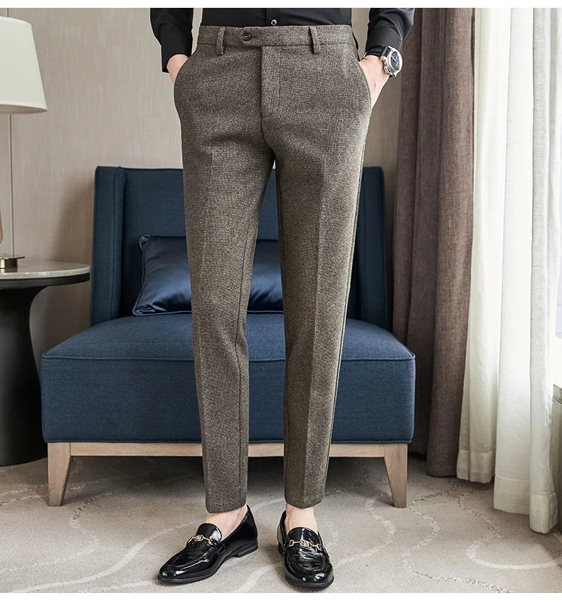 Autumn Winter Woolen Cloth Thickened Suit Pants High Quality Men Business Slim Trousers Formal Wear Office Social Dress Pants