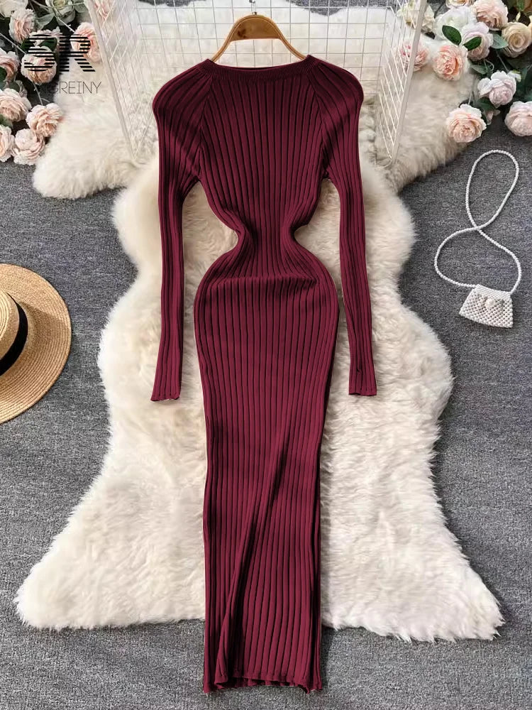 Winter Women Knit Maxi Dress O Neck Autumn Long Sleeve Slim Solid Harajuku Ladies Fashion Pencil Sweater Long Dresses