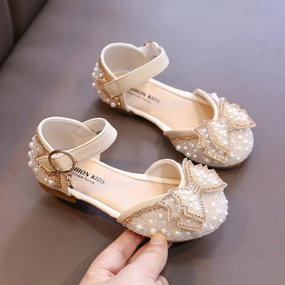 2025 New Summer Style Fashionable Comfortable Casual and Elegant Flat Bow Toe-toe Beaded Wear-resistant Girls' Leather Shoes