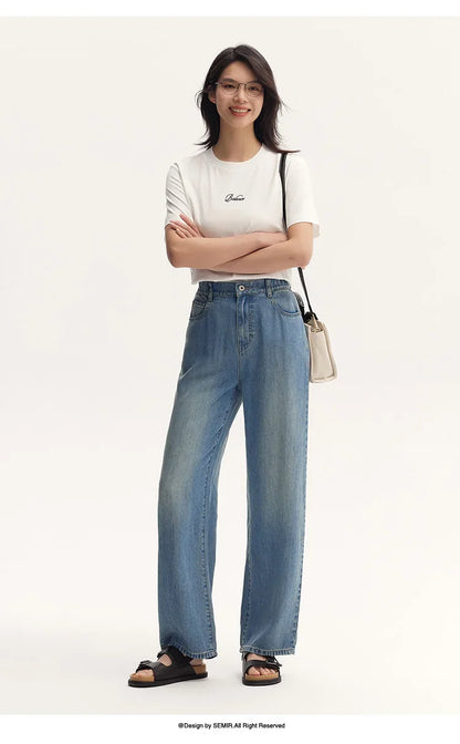 Semir Jeans Women Elastic Waist Long Trousers 2025 New Summer Version Cool Feeling Wide-leg Trousers