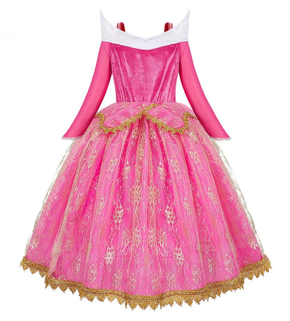 Sleeping Beauty Aurora Princess Dress Cosplay Off Shoulder Kids Gifts Fancy Halloween Party Girl Baby Lace Dress Set