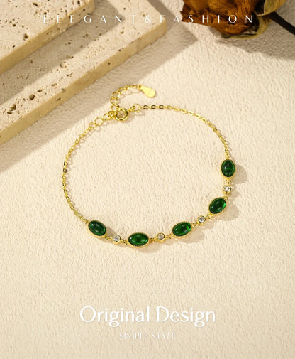 925 Sterling Silver Exquisite Elegant Oval Green CZ Charm Bracelet For Women Golden Color Daily Party Fine Jewelry