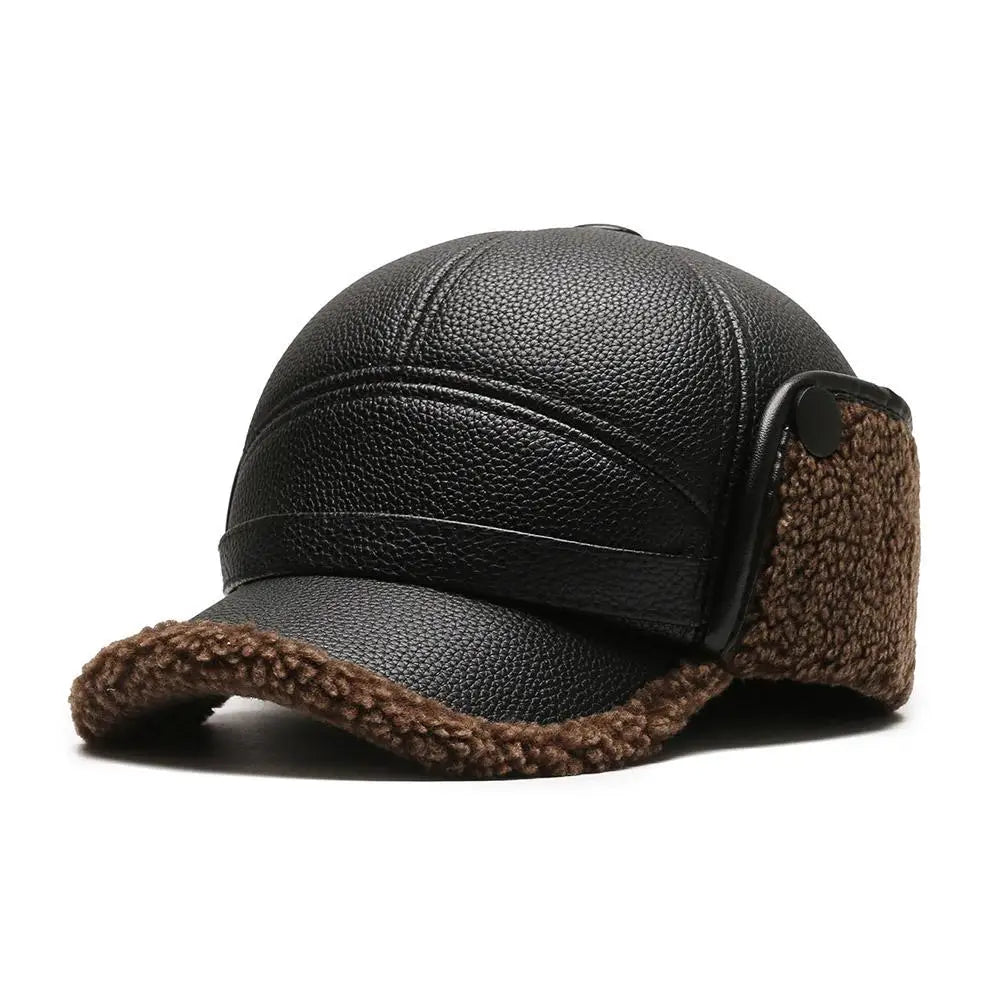 Winter Baseball Cap Men PU Leather Bomber Caps Middle Elderly Dad Hat With Earflaps Thicker Warm Windproof Tongue Hat Keep Warm